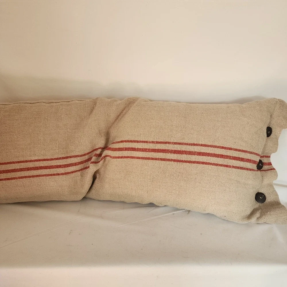 POTTERY BARN RED STRIPE LINEN HEMP FRENCH GRAIN SACK BUTTON PILLOW  16x26